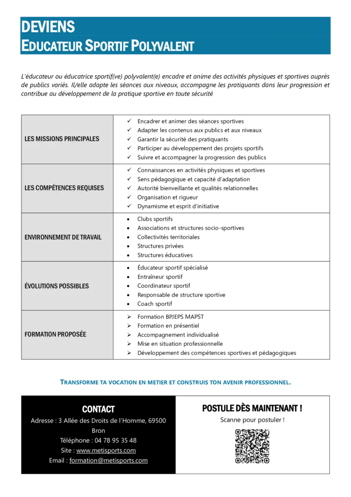 Fiche métier éducateur sportif Metisports